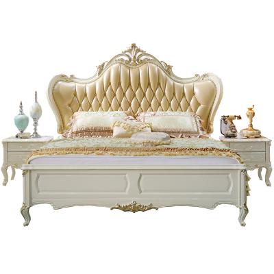 China French American Style Genuine Leather Embellished Carved Headboard Embellished King Size Bed Luxury Bed for sale