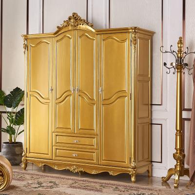 China 4 Door Europe Royal European Gold Wardrobe Solid Wood Fabric Closet Customized Bedroom Furniture for sale