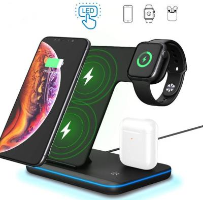 China Mobile Phone Custom Logo 3 in 1 Mobile Phone Earphone Watch QC 3.0 Wireless Fast Charger Stand For iPhone for sale