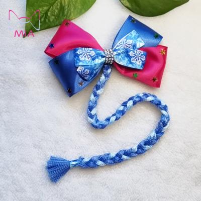 China MIA Children's Fashionable New Design Popular Snowflake Princess Stain Ribbon Hair Bow Clip With Long Wig Braid Girls Hair Accessories for sale