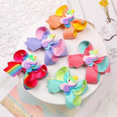 China Kids Hair Bows Double Layers Ribbon Unicorn Hair Bow With Clips Striped Colorful Double Forks Kids Hair Clip Hair Accessories 90507 for sale