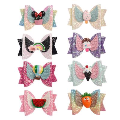 China Hair Accessories Summer Cartoon Ice Cream Glitter Hair Bows Clips Sequin Hair Bow Fabric Bow Clip For Kids for sale