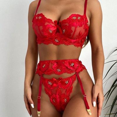 China 2021 Hot Selling Spandex/polyester L2205 Underwear Set Fashion Two Piece Flower Sets Pungent Lingerie With Garter Belt for sale