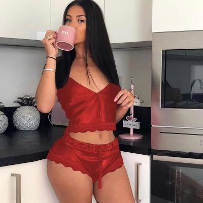 China E002 Amazon Women Summer Breathable Sexy Satin Vest Leisure Wear Drawstring Top Lingerie Shorts Sleepwear Pajamas Two Piece Set for sale