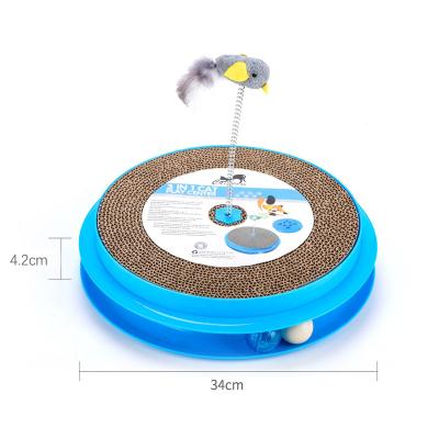 China Blue Round Classic Design Spring Bird Interactive Toy Indoor Cardboard Cat Scratcher Durable Protection Viable With 3 Balls for sale