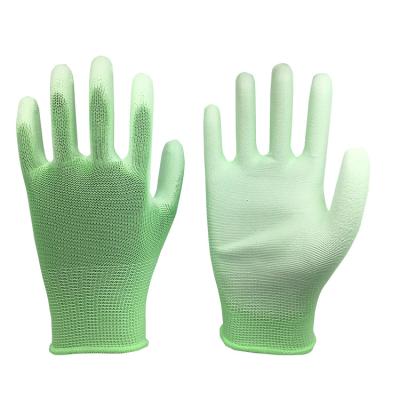 China Anti-impact 13G Green Polyester With PU Palm Coated Gloves Factory Work Safety Garden Gloves for sale