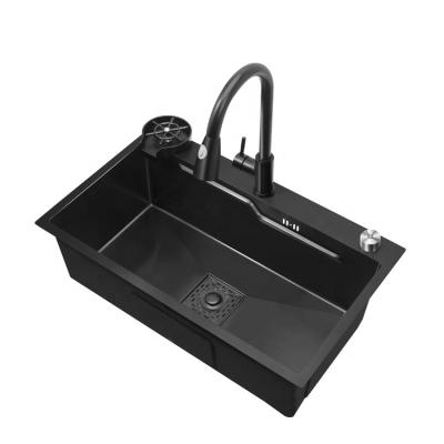 China With Faucet Smart Built in Track Basin Nano Handmade Stainless Steel Luxury Black Kitchen Sink for sale