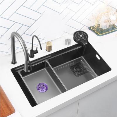 China With Faucet Smart Black Single Bowl with Tracks Change to Double Bowl Stainless Steel Kitchen Sink with Waterfall Faucet for sale