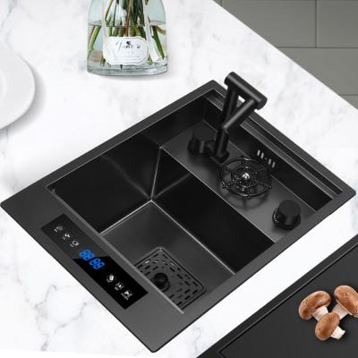 China Without Faucet Hidden Style Multifunction Touch Control Water catalyst Nano Stainless Steel Kitchen Sink Black Large Single with Cup Washer for sale