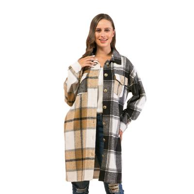 China Women Plus Size 2022 Fashion Patchwork Casual Plaid Long Sleeve Jacket Plus Size Shacket Jacket for sale