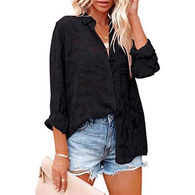 China Hollow Viable Sheer Chiffon Solid Color Irregular Stitching Printed Breasted Shirt Women Long Sleeve for sale