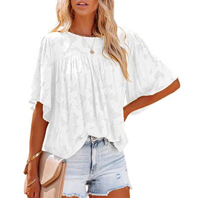 China 2022 Amazon Viable Women's Breath Sleeve Babydoll Lace Hollow Out Chiffon Top for sale