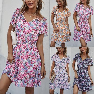 China 2022 Summer Breathable Print Dress V-Neck Loose Tunic Girl Dress Short Sleeve Women Dress for sale