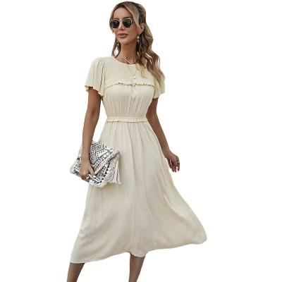 China 2022 Wholesale Breathable Casual Lady Dress Short Sleeves Women Dress Solid Color Waist Dress for sale