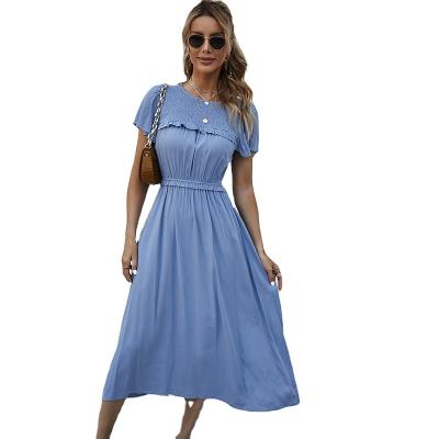 China 2022 Wholesale Lady Long Dress Vacation Leisure Breathable Short Sleeves Women Dress Solid Color Waist Dress for sale