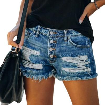 China Viable Wholesale Printed Baseball Ripped Denim Shorts Women Mid Waist Straight Fringed Booty Shorts for sale