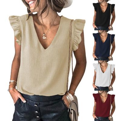 China 2022 Summer New Breathable T-shirt Amazon Solid Color V-Neck Sweater Casual Ruffle Sheath Top Women for sale