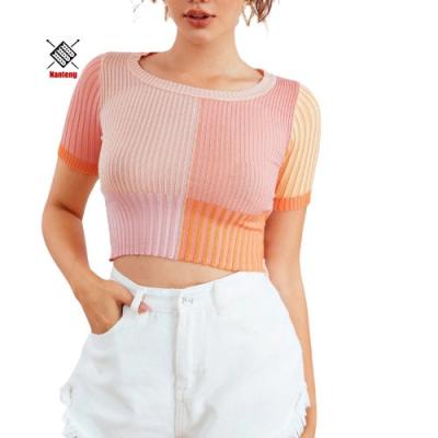 China Custom Rib Knit Short Sleeve Womens Anti-Wrinkle Crew Neck Striped Crop Top Sweater for sale