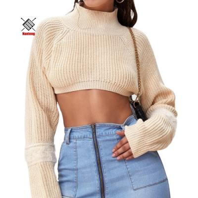 China New Design Anti-Wrinkle Raglan Sleeve Fuzzy Panel Turtleneck Knitted Crop Sweater Women for sale