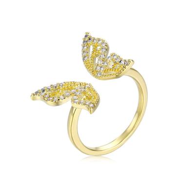 China Vintage Micro Pave Clear Golden Adjustable Brass Zirconia Butterfly Cuff Finger Rings for sale