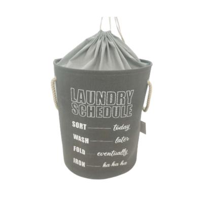 China Home Gray Drawstring Fabric Basket Laundry Bag With Printed Foldable Straps for sale