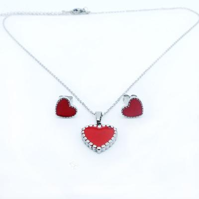 China Cute Red Heart Oil Stud Earrings Pendant Stainless Steel Jewelry Sets for sale