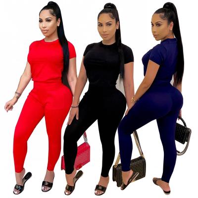 China Plus Size Womens Solid Color Round Neck Versatile Casual Two Piece T-shirt Set Clothing for sale