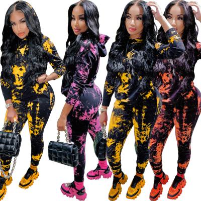 China 2021 High Quality Breathable 2 Piece Sets Tie Dye Sweat Suits Women 2 Piece Hooded Plus Size Pants Sports Tracksuit Joggers 2 Piece Set for sale