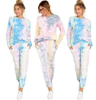 China New Fashion 2 Piece Women Sets Long Sleeve Breathable High Quality Casual Dye O Neck Tie Blue Pink 2 Piece Women Sweat Suits Tracker Sets for sale