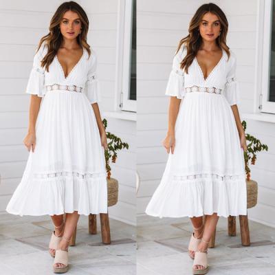 China Anti-Static Summer Deep V-Neck Long Lace Trumpet Sheaths Solid Color Boho Dress Elegant Casual Wear Elegant White Girl for sale