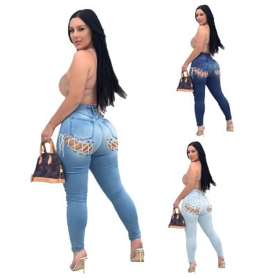 China 2021 New Style Women Plus Size Eyelets Bandage High Waist Slim Pencil Jeans Women Fashion Plus Size Slim Fit Jeans for sale