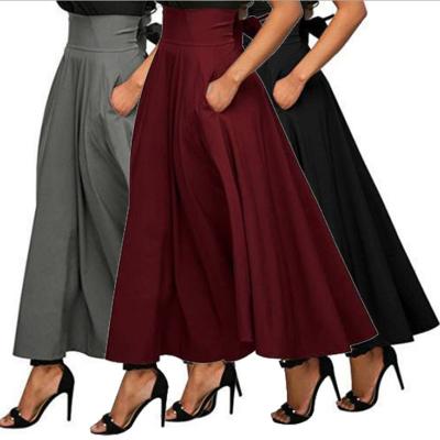 China New Fashion Women Girls Solid Color Breathable Bow Waistband Big Swing Pleated Long All-match Maxi Skirt for sale