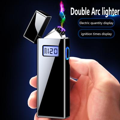 China Custom USB Rechargeable Smart Plasma Rechargeable Cigarette Slim Dual Electric Black Creative Arc Lighter for sale