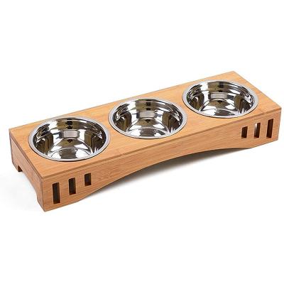 China Non-automatic Premium Bamboo Elevated Bowls, Raised Cat Small Dog Bowl Cat Feeder With Stand Puppy Bamboo Stainless Stainless Food Feeding Cats for sale