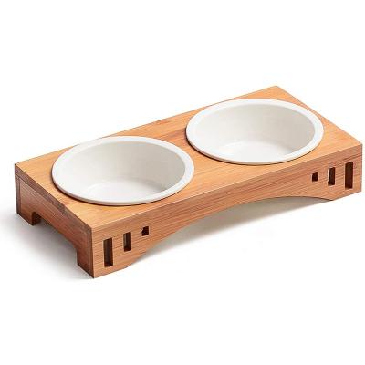 China Non-automatic Cat Dog Raised Bowl Cat Feeder With Bamboo Feeding Stand Puppy Pet Food Cats for sale