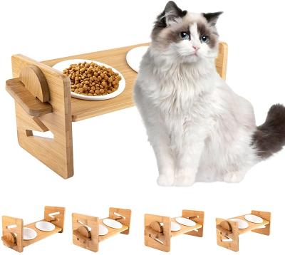 China Non-automatic adjustable bamboo raised pet bowl for cats and small dogs, high feeder stand with 2 ceramic bowls and anti slip feet for sale