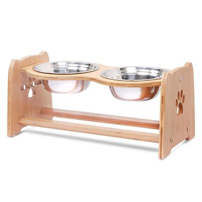 China Non-Automatic Adjustable Bamboo High Dog Cat Food and Water Bowls Stand Feeder with 2 Stainless Steel Bowls and Anti Slip Feet for sale