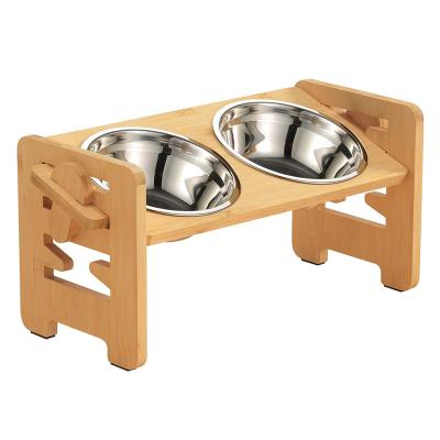 China Non-automatic durable bamboo dog feeder with 2 stainless steel bowls and non-slip feet for sale