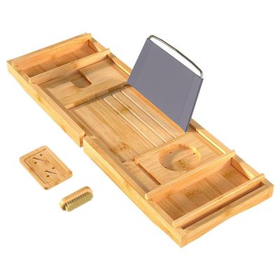 China Sustainable Adjustable Bamboo Bathtub Organizer Tray For Bathroom With Freestanding Soap Dish Suitable For Luxury Spa Or Reading for sale