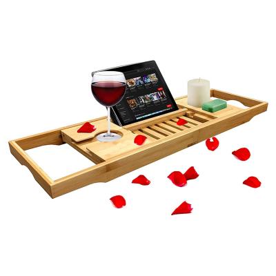 China Sustainable Wooden Bamboo Luxury Bathtub Tray with Adjustable Hands for Tub - Wide and Adjustable with Wine Rack on Side for sale