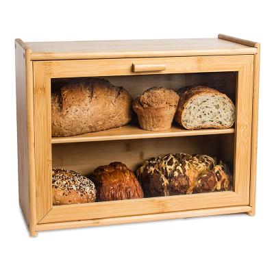 China Viable Kitchen Bamboo Bread Box For Kitchen Countertop Double Layer Bread Storage With Windows Farmhouse Style Clear Rustic Bread Bin for sale