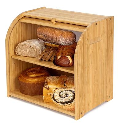 China Sustainable Bamboo Bread Box Kitchen Countertop , Purbambo 2 Layer Rolltop Large Desktop Bread Box Container Storage With Removable Shelf for sale