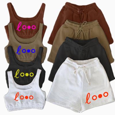 China Custom logo QUICK DRY knit high quality plus-size women's embroidery sleeveless short pants casual multi color two piece sets for sale