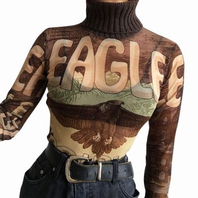 China Custom Turtle Neck Anti-wrinkle Q21TP670 Long Sleeve Streetwear Mesh See Through Logo Fashion Clothing Eagle Print Top Casual T-Shirt for sale