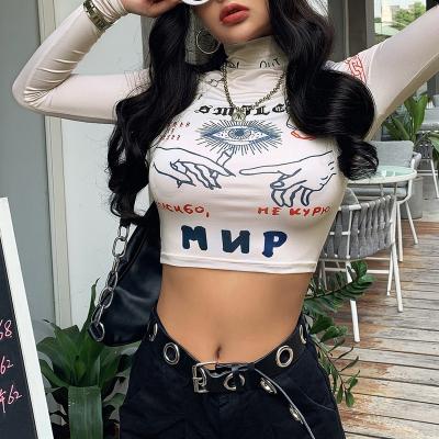 China Fashion Anti-wrinkle T1735349 2021 Fashion Women's Tops Full Sleeve Funny Tight Casual Tight Slim Collar T-Shirt for sale