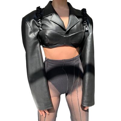 China K21S06292 QUICK DRY 2021 Autumn Fashion Faux Long Sleeve Bikini Casual Street Leather Top Button Coat Women's Single Jacket for sale