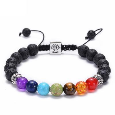 China BOHEMIA Lava Essential Oil Braided Bracelet Seven Chakras Yoga Meditation Bead Bracelet Volcanic Tree of Life Bracelet for sale