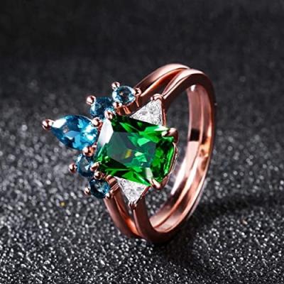 China FASHIONABLE Ladies Rose Gold Wedding Ring Set of Emerald Green Cubic Zirconia Ring Engagement Rings for sale