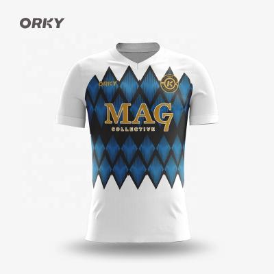 China Custom Moisture Absorption Sweat ORKY Soccer Shirts Shorts Kid Men Youth Soccer Jersey Football Uniform for sale