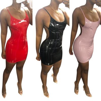 China Sexy Ladies Breathable Leather Suspenders Dress PU Bodycon Backless Party Plus Size Mini Dress for sale